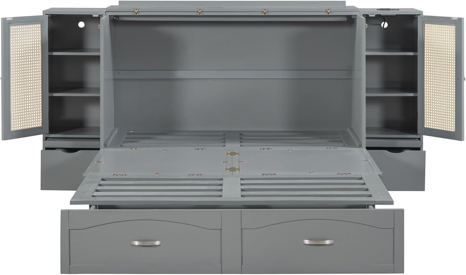 Gray Queen Size Murphy Bed with Storage Drawer and 2 Cabinets B95849