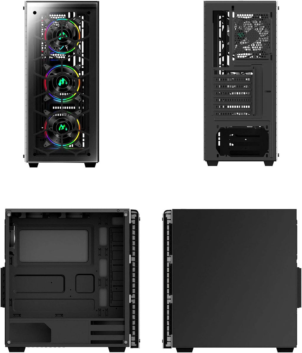 Black ATX Mid Tower Gaming Computer Case with Tempered Glass, 4X 120mm Fan, USB 3.0 H3821
