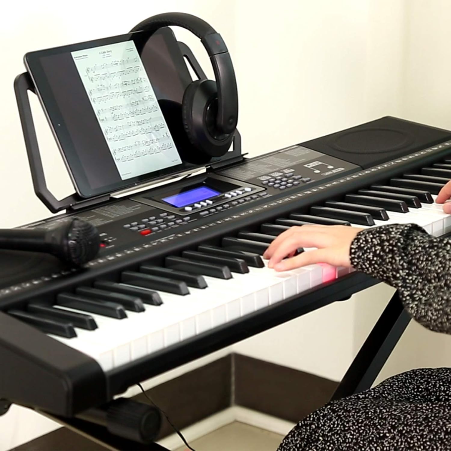 61 Key Light Up Portable Electric Piano Keyboard with Stand, Built-in Speakers, Headphones, Microphone T8823