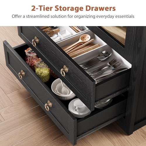 Black 71" Tall Pantry Cabinet with Drawers Doors and Shelves K30599