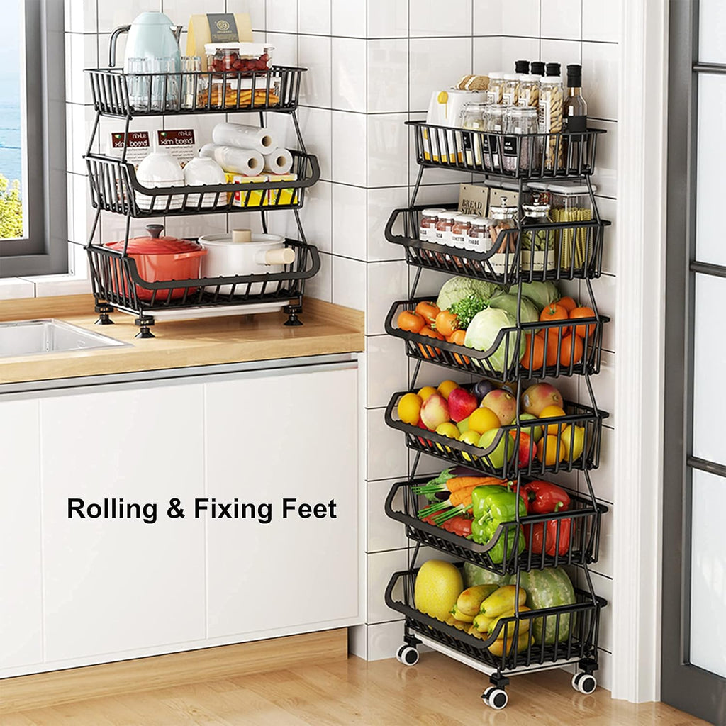 Black 3 Tier Metal Wire Fruit Basket Stand with Wheels S512
