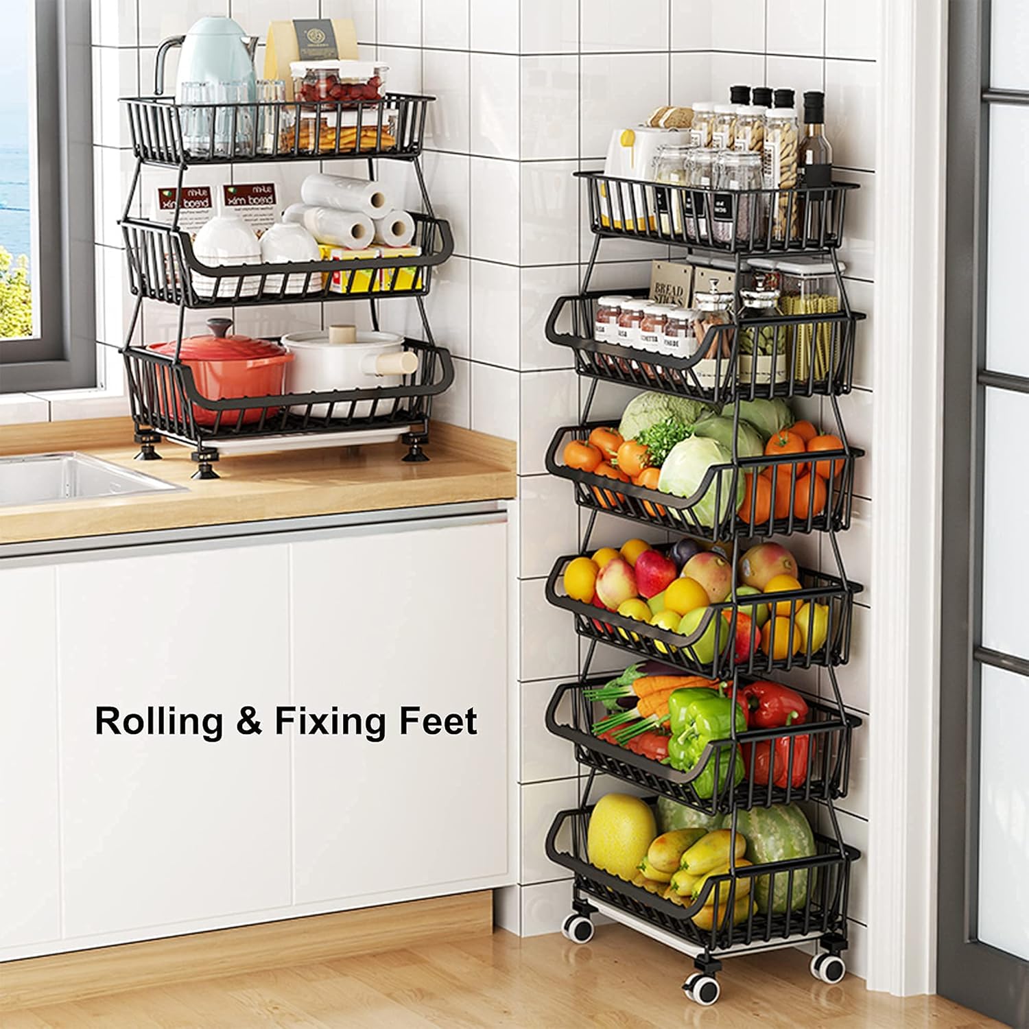 Black 3 Tier Metal Wire Fruit Basket Stand with Wheels S512
