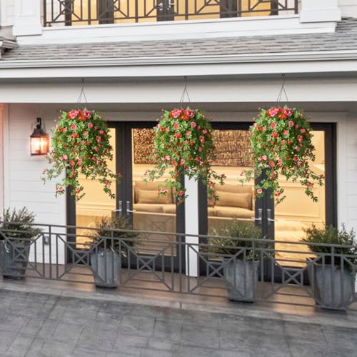 4 Pack Artificial Hanging Flowers with Basket, Silk Chrysanthemum Flowers, Purple Red H261627