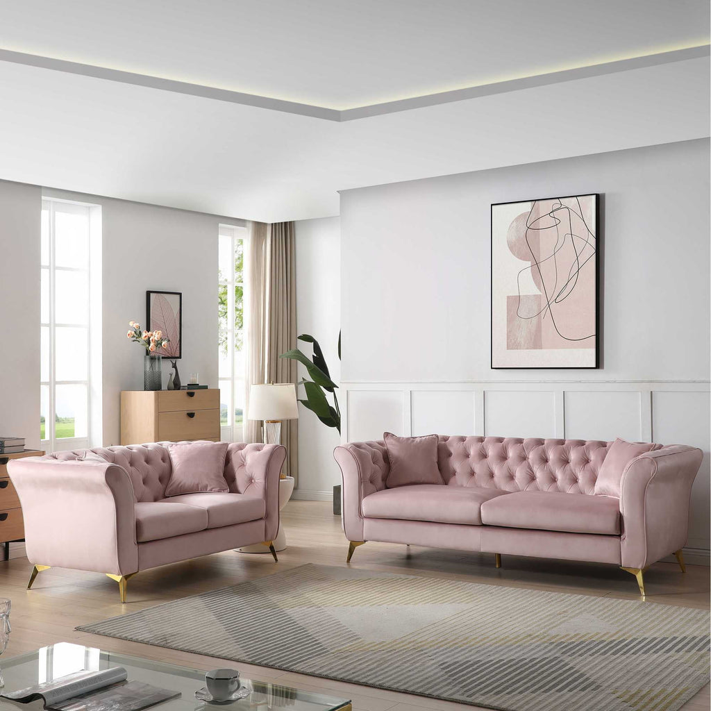 Pink Tufted Fabric Sofa with Scroll Arm Z346119