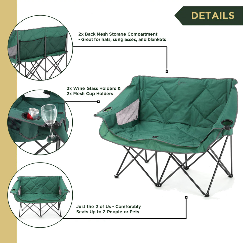 Green Portable Folding Double Camping Chair Loveseat with Carrying Bag E1756