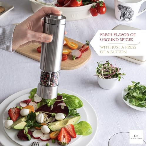 Electric Salt and Pepper Grinder Set - Battery Operated Stainless Steel Mill with Light (2 Black Mills) - Ceramic Grinders Q630