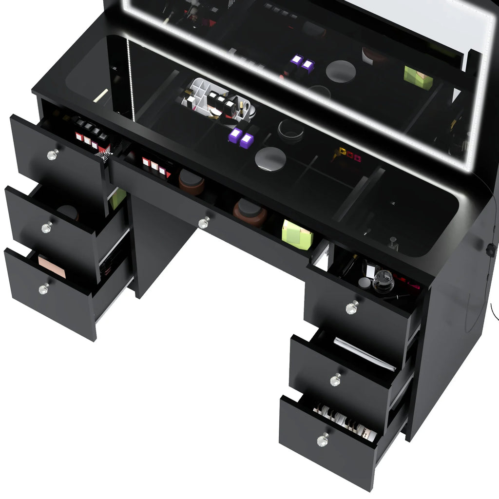 Black Vanity Desk with LED Lights, 7 Drawers, Mirror K873954