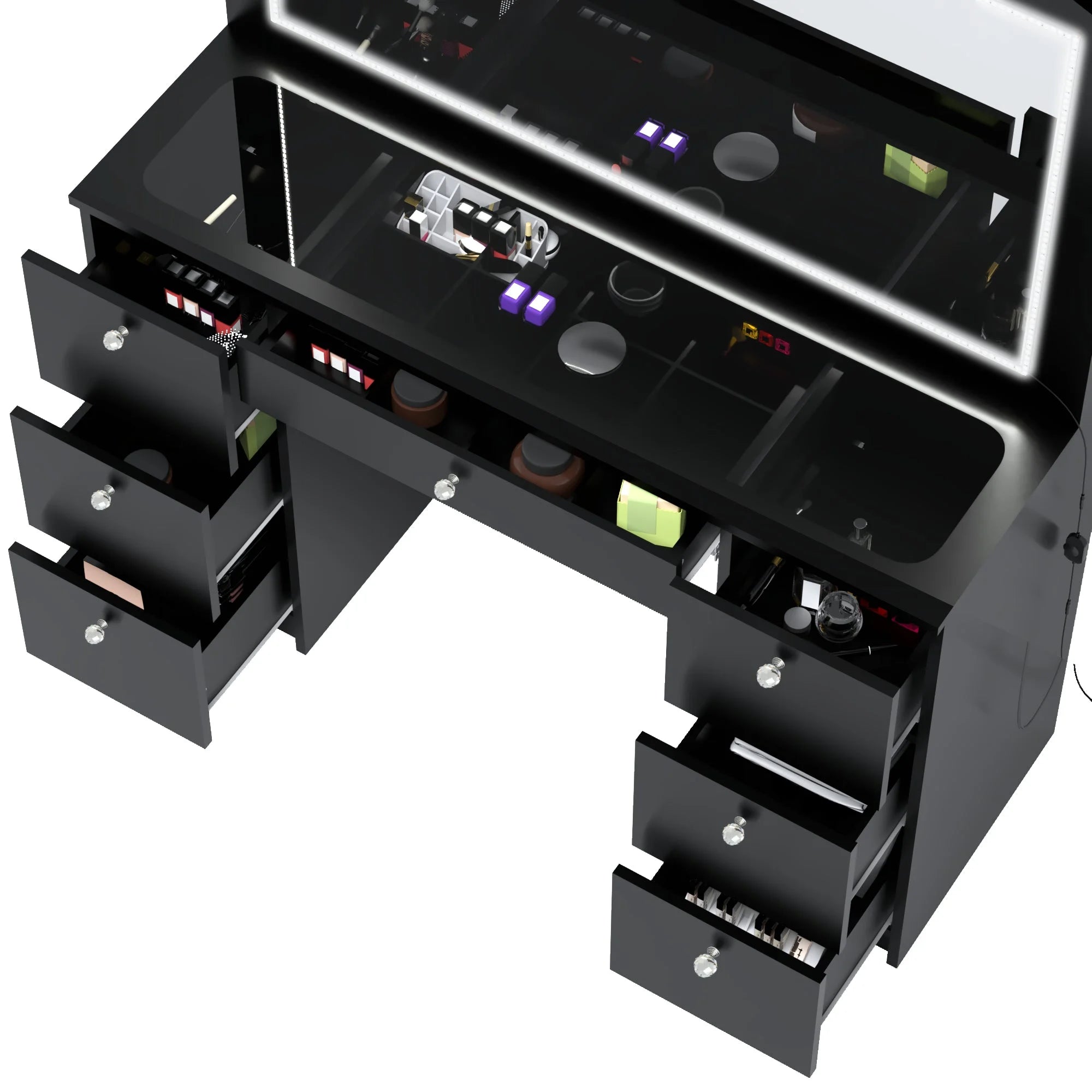 Black Vanity Desk with LED Lights, 7 Drawers, Mirror K873954