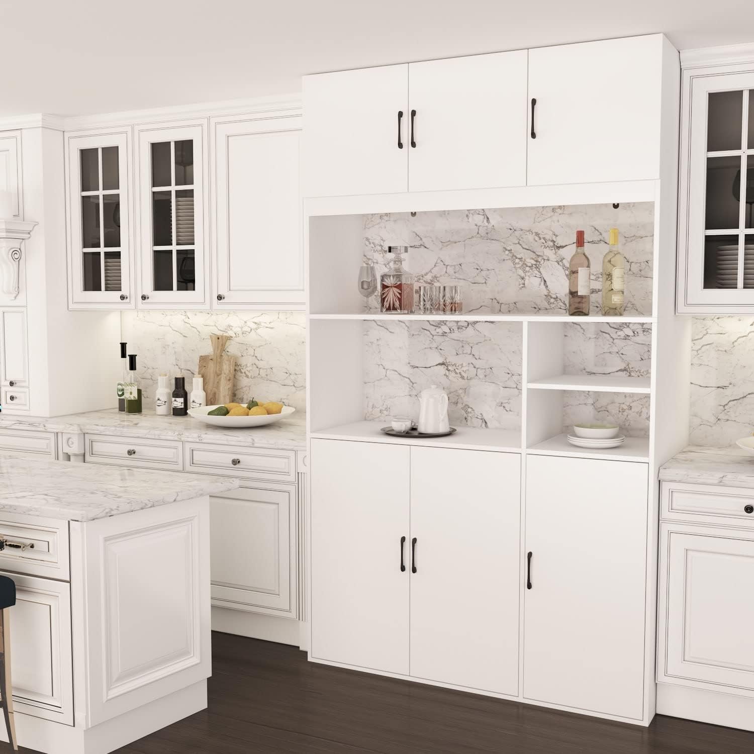 White Wood Kitchen Pantry Storage Cabinets with Hutch Buffet U80697