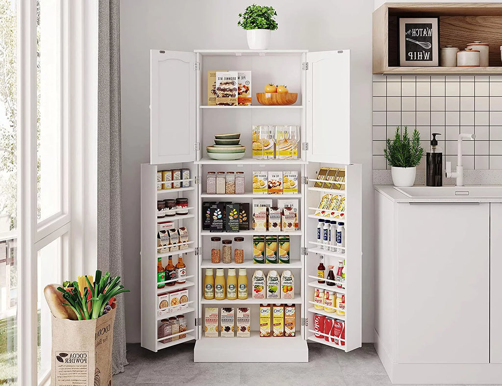 White Tall Kitchen Pantry Storage Cabinet with Doors and Shelves J824