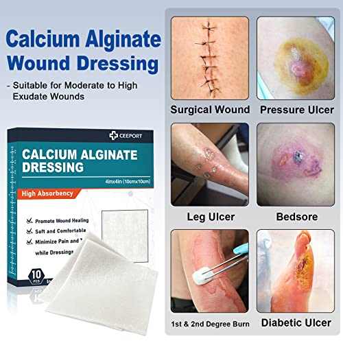 Silver Calcium Alginate Wound Dressing Pads, 4''x4'' Patches, 10 Individual Pack, Non Stick Gauze Pads Z564