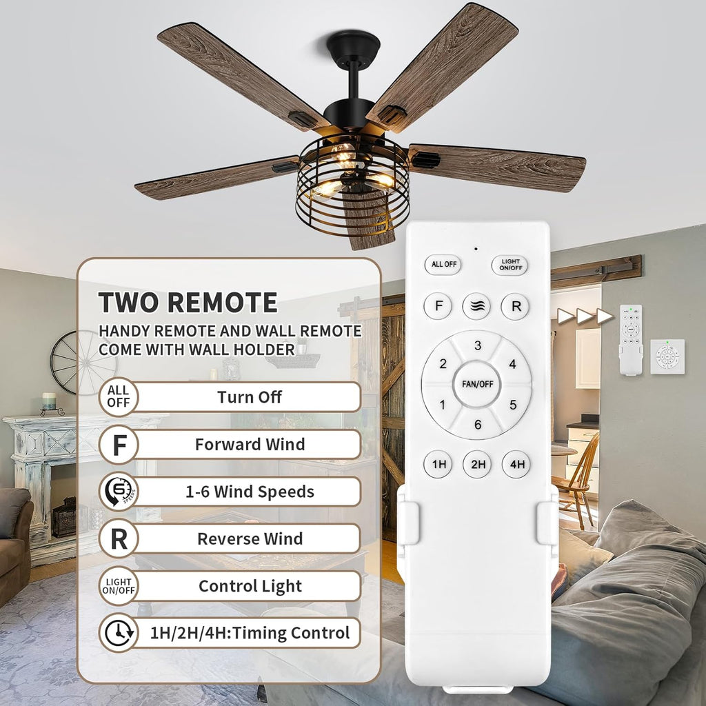 52 Inch Industrial Black Ceiling Fan with Light and Remote E2201