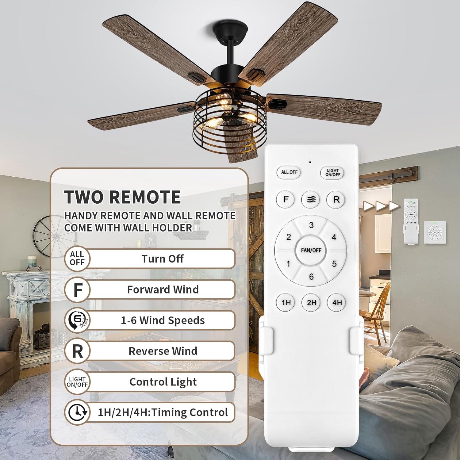 52 Inch Industrial Black Ceiling Fan with Light and Remote E2201