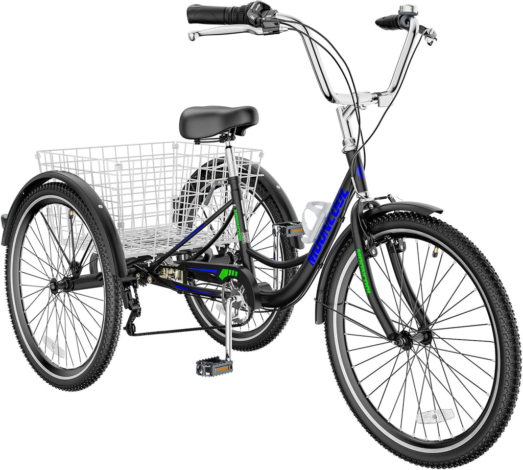 Black 24" 7 Speed 3 Wheel Adult Tricycle with Basket K1242
