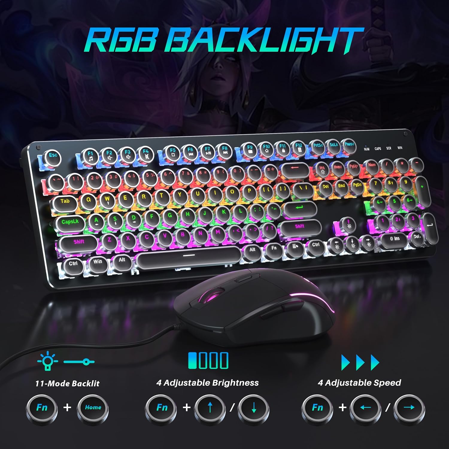 Metal Panel Retro Mechanical Gaming Keyboard and Mouse Combo with RGB Backlit 104 Keys K82252