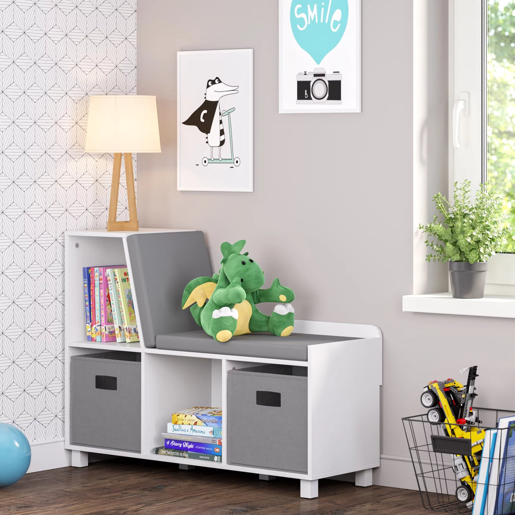 Gray Kids Storage Bench with Cubbies and 2pc Bin O8110