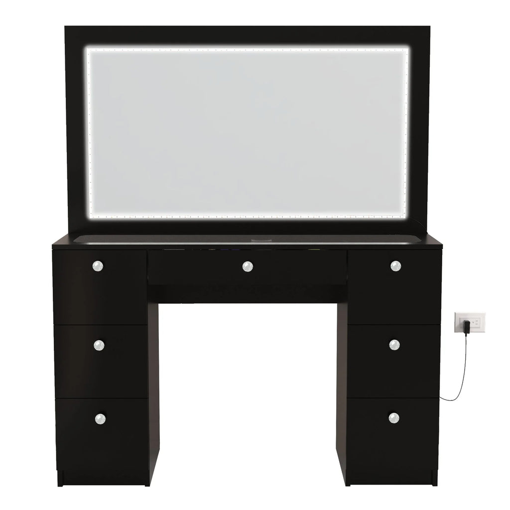 Black Vanity Desk with LED Lights, 7 Drawers, Mirror K873954