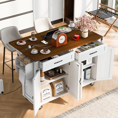 Black Kitchen Island with Storage Cabinet on Wheels, 53.5'' Mobile Kitchen Cart with Power Outlet, Drop Leaf, Spice Rack and Drawer M692