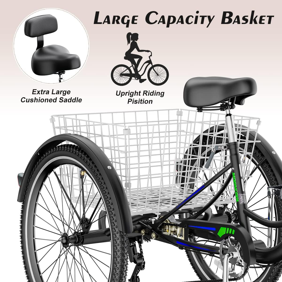 Black 24" 7 Speed 3 Wheel Adult Tricycle with Basket K1242