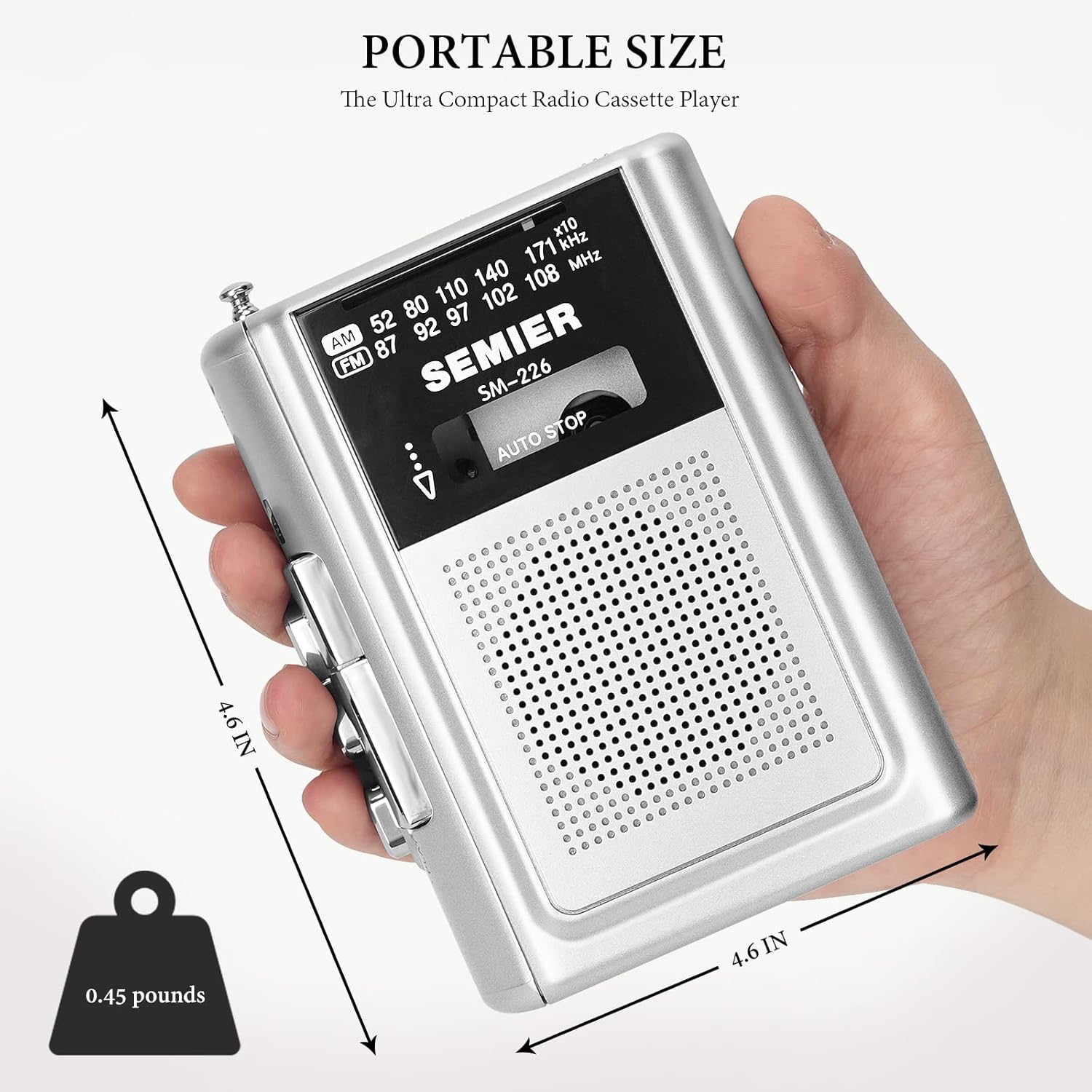 Silver Portable Cassette Player Recorder AM FM Radio Stereo with Built in Speaker and Earphones Q45383