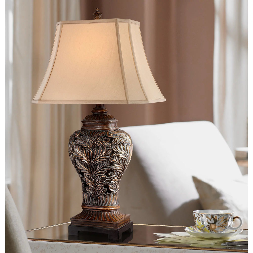 Traditional Table Lamps 32.5" Tall Set of 2 Bronze Tan Rectangular Shade D707