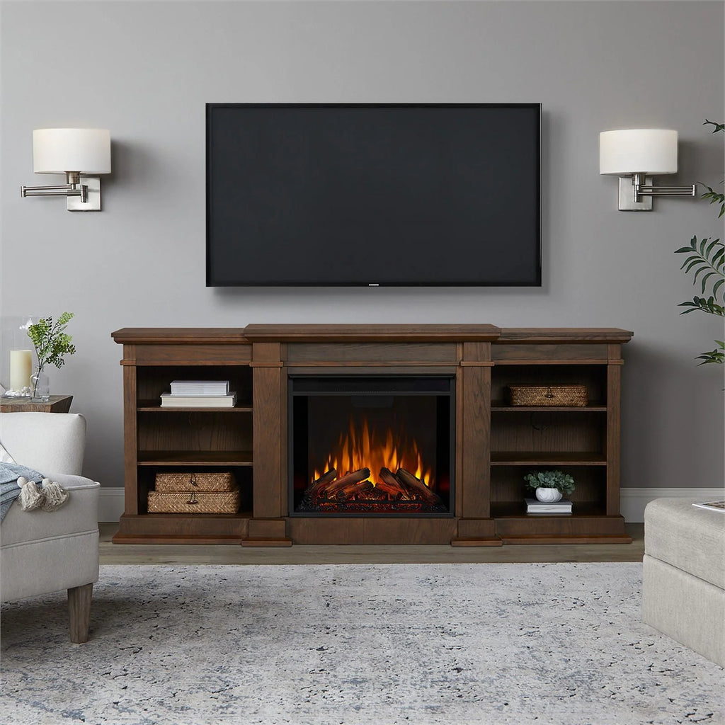 Traditional Wood & Steel Electric Fireplace TV Stand in Heritage Oak Y54664