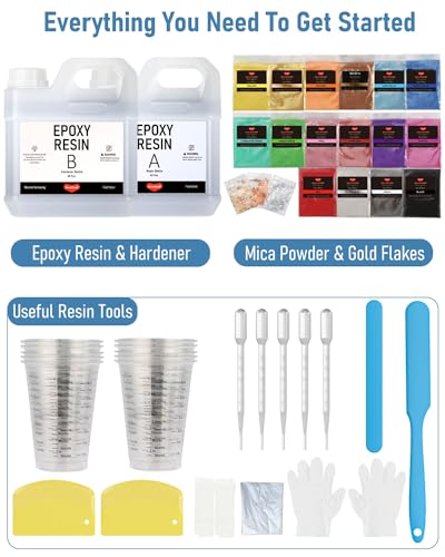 4 Gallon Epoxy Resin Kit with 72 Mica Powder, Foil Flakes, Measuring Cups, Sticks Y1652