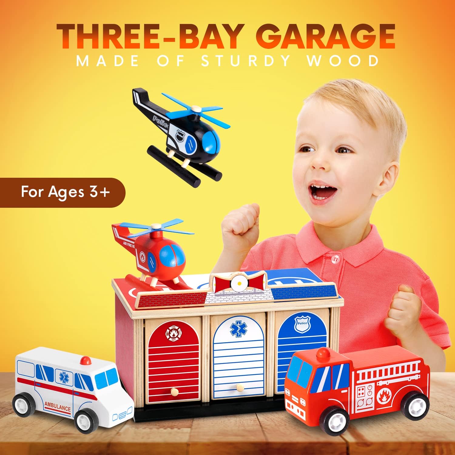 2-Level 3-Bay Parking Garage Toy Set with Fire Truck, Ambulance, Police Car, and 3 Rescue Helicopters Y312