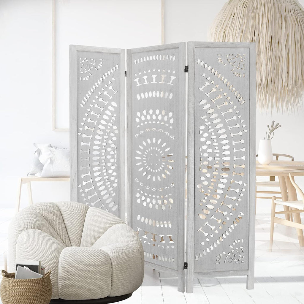 3 Panel Carved Wood Room Divider, 5.6ft Tall Folding Privacy Screen (White) H8638