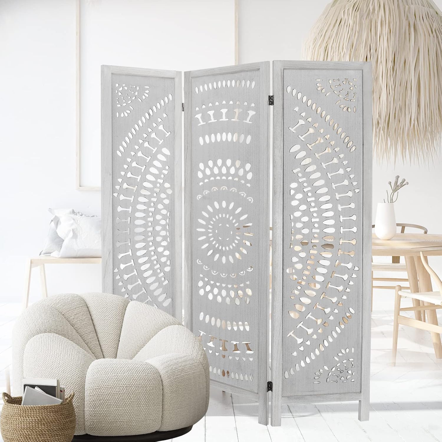 3 Panel Carved Wood Room Divider, 5.6ft Tall Folding Privacy Screen (White) H8638