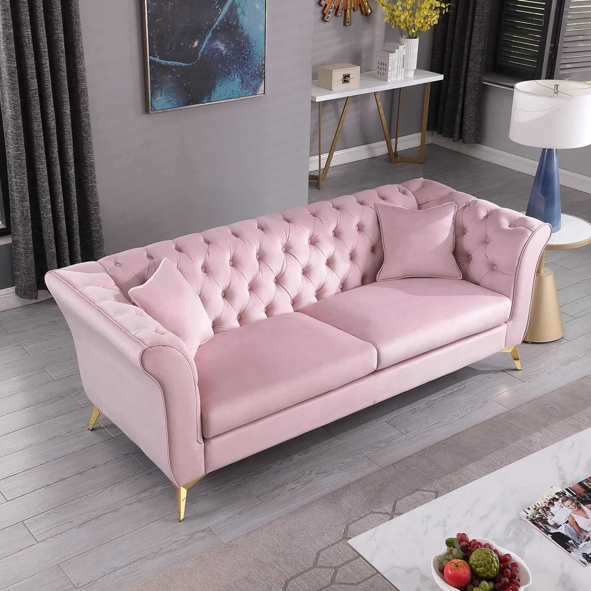 Pink Tufted Fabric Sofa with Scroll Arm Z346119