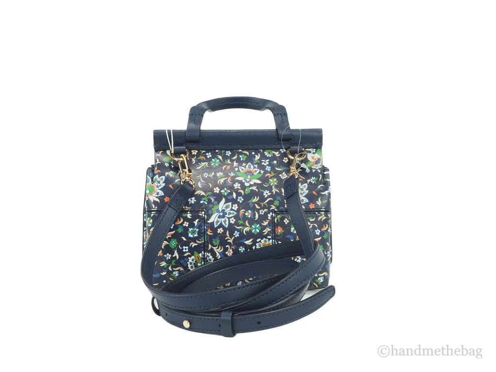 Navy Floral Leather Mini Satchel Crossbody Handbag C2611