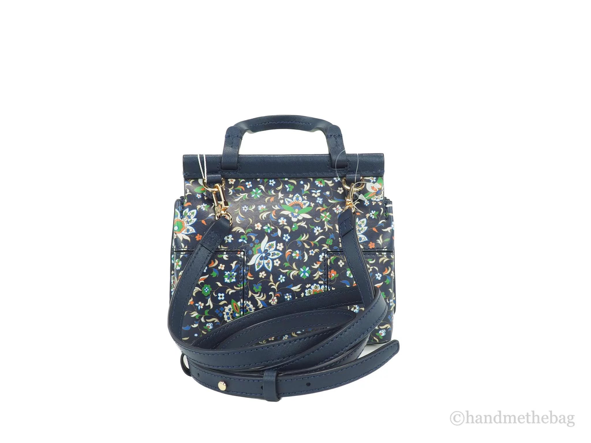Navy Floral Leather Mini Satchel Crossbody Handbag C2611