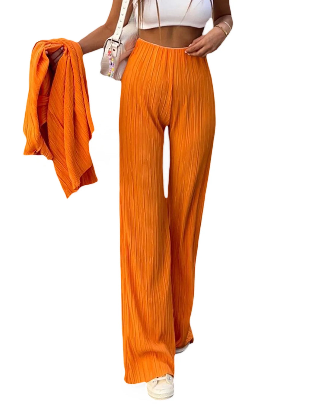 Women Casual Solid Colour Loose Fit Elasticated Waist Long Trouser with Pockets X48740