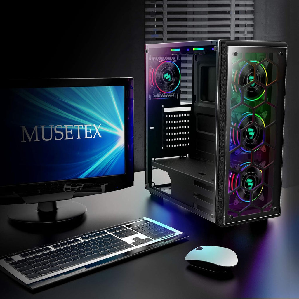 Black ATX Mid Tower Gaming Computer Case with Tempered Glass, 4X 120mm Fan, USB 3.0 H3821