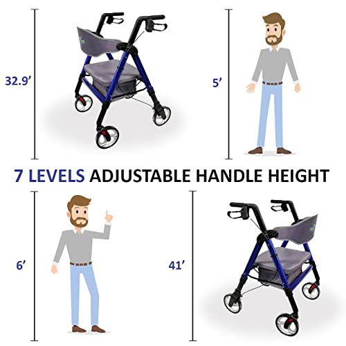 Heavy Duty Rollator Walker with Seat, Extra Wide Alluminium Folding Rolling Walker 450LB with Wide Basket & Padded Seat, 4 Wheel Walker (Black) Q96331
