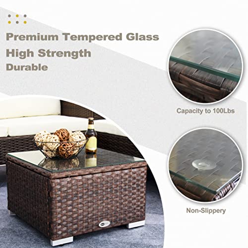 Outdoor Wicker Coffee Table with Glass Top, 25.2in Mixed Brown G58374