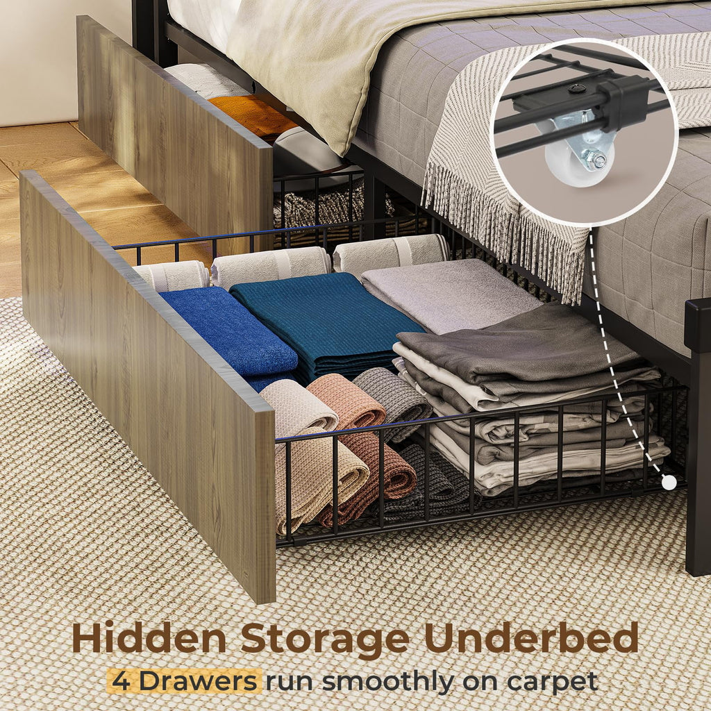 Oak Grey Full Size Metal Platform Bed Frame with 4 Storage Drawers X46878