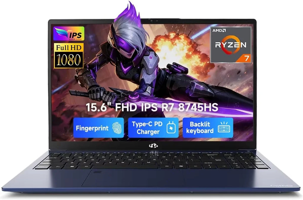 15.6" Gaming Laptop IPS FHD AMD Ryzen 7 8745HS Radeon 780M GPU 32GB DDR5 RAM 2TB SSD 100W Type-C Fingerprint USB-C 4.0 Backlit Keyboard O56365