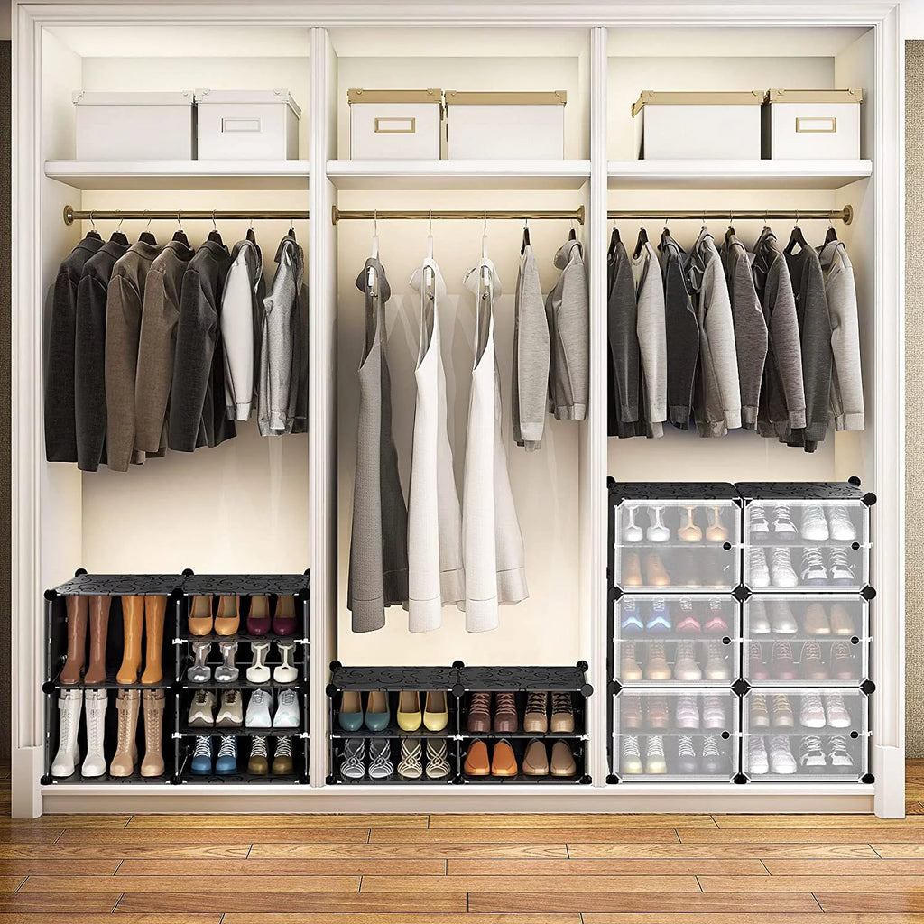 Black 8 Tier Plastic Shoe Storage Cabinet with Doors R1608