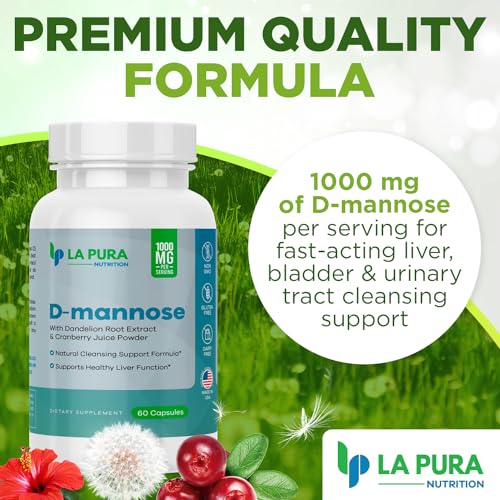 D-mannose 1000 mg Supplement with Cranberry Juice Powder, Hibiscus Flower & Dandelion Herb Extract, 60 Capsules K7462