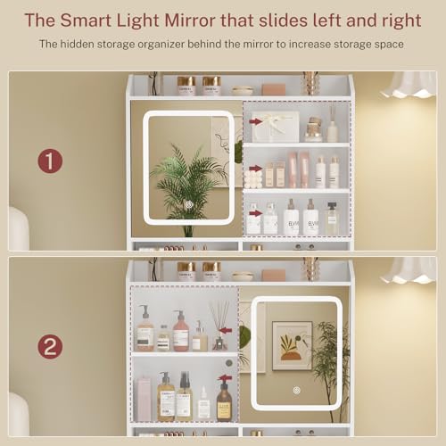 White Small Vanity Desk with Mirror and Lights, 1 Drawer & 3 Shelves D724