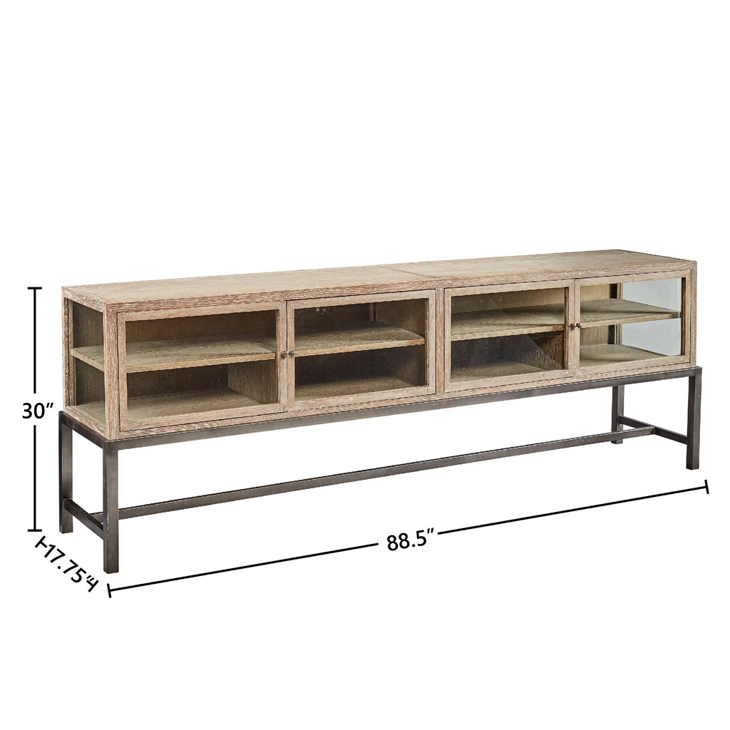 88-inch Glass Oak Display Console with Metal Base O266