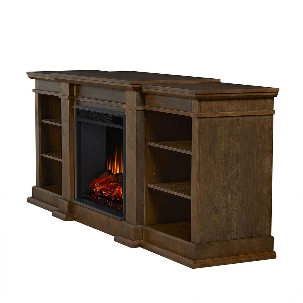 Traditional Wood & Steel Electric Fireplace TV Stand in Heritage Oak Y54664