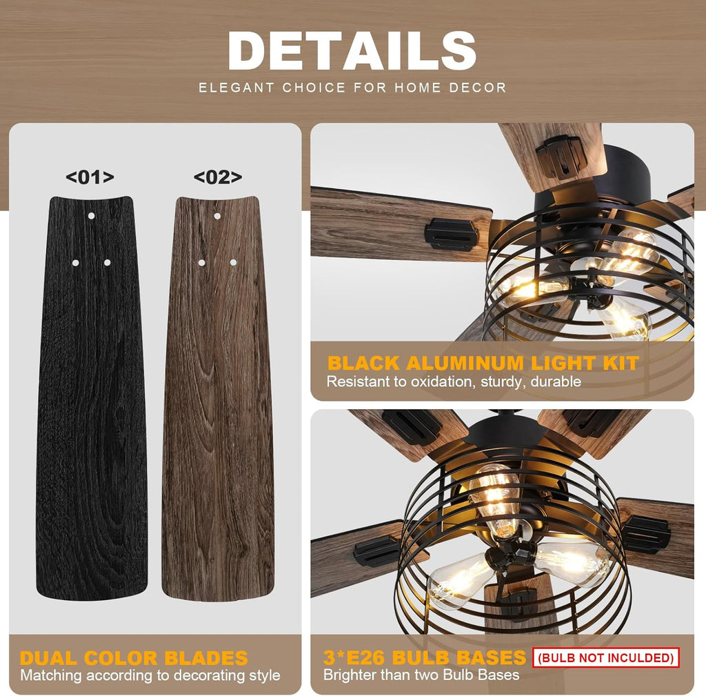 52 Inch Industrial Black Ceiling Fan with Light and Remote E2201
