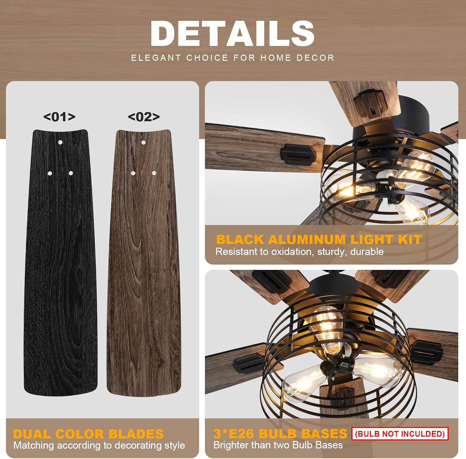 52 Inch Industrial Black Ceiling Fan with Light and Remote E2201