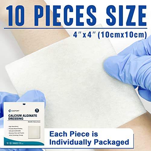 Silver Calcium Alginate Wound Dressing Pads, 4''x4'' Patches, 10 Individual Pack, Non Stick Gauze Pads Z564