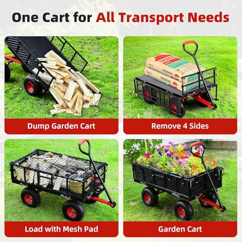 880 lb 10-inch tire steel garden cart with 4-side removable mesh and 180° swivel handle T802023