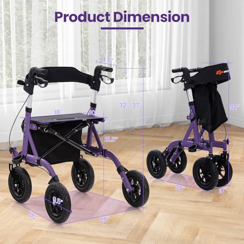 Foldable Rollator Walker with Seat, 9.5" All Terrain Pneumatic Wheel, Heavy Duty A73476