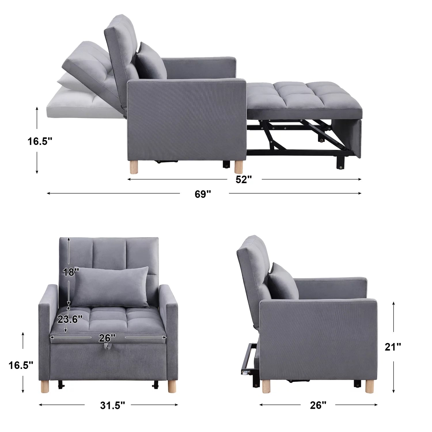 Convertible Sleeper Sofa Chair Bed with Pillow Velvet Fabric M995
